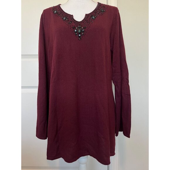 Metro 7 Womens Burgundy Sweater Top Size 18 / 20 Beaded Neckline Plus - Picture 2 of 9